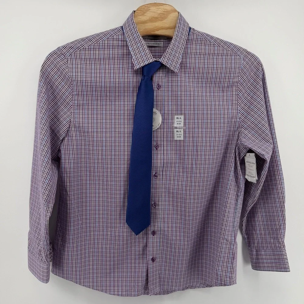 Nick Graham Everywhere Modern Fit Men's Purple Gingham Dress Shirt & Tie X-Large - Picture 2 of 9
